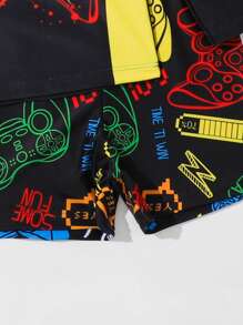 Young Boy Gamepad Print Beach Swimsuit With Swim Cap - Black - View 5