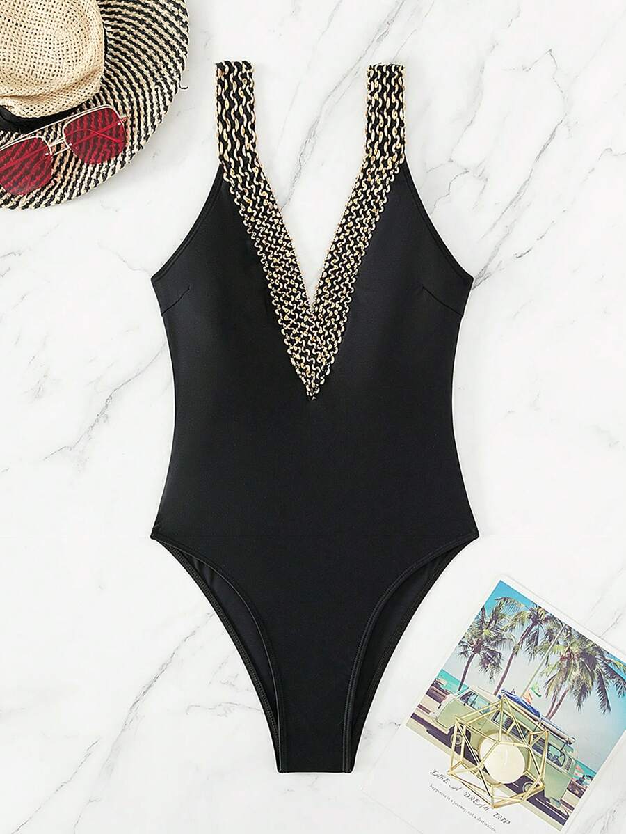SHEIN Swim Summer Tape Detail One Piece Swimsuit - Black - View 1