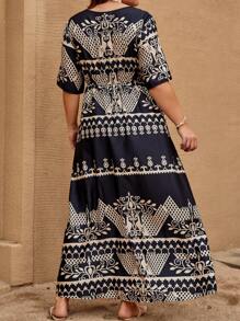 SHEIN VCAY Plus Baroque Print Surplice Neck Dress - Black and White - View 2