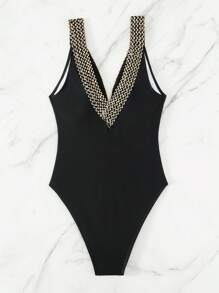 SHEIN Swim Summer Tape Detail One Piece Swimsuit - Black - View 4