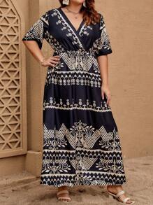 SHEIN VCAY Plus Baroque Print Surplice Neck Dress - Black and White - View 3