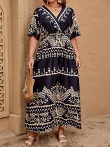 SHEIN VCAY Plus Baroque Print Surplice Neck Dress - Black and White - View 4