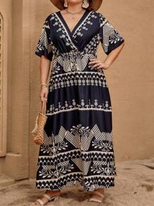 SHEIN VCAY Plus Baroque Print Surplice Neck Dress - Black and White - View 5