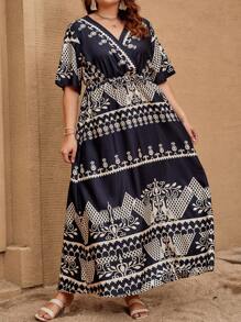 SHEIN VCAY Plus Baroque Print Surplice Neck Dress - Black and White - View 6
