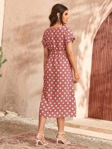 SHEIN Maternity Polka Dot Belted Dress - Dusty Pink - View 2