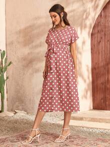 SHEIN Maternity Polka Dot Belted Dress - Dusty Pink - View 4