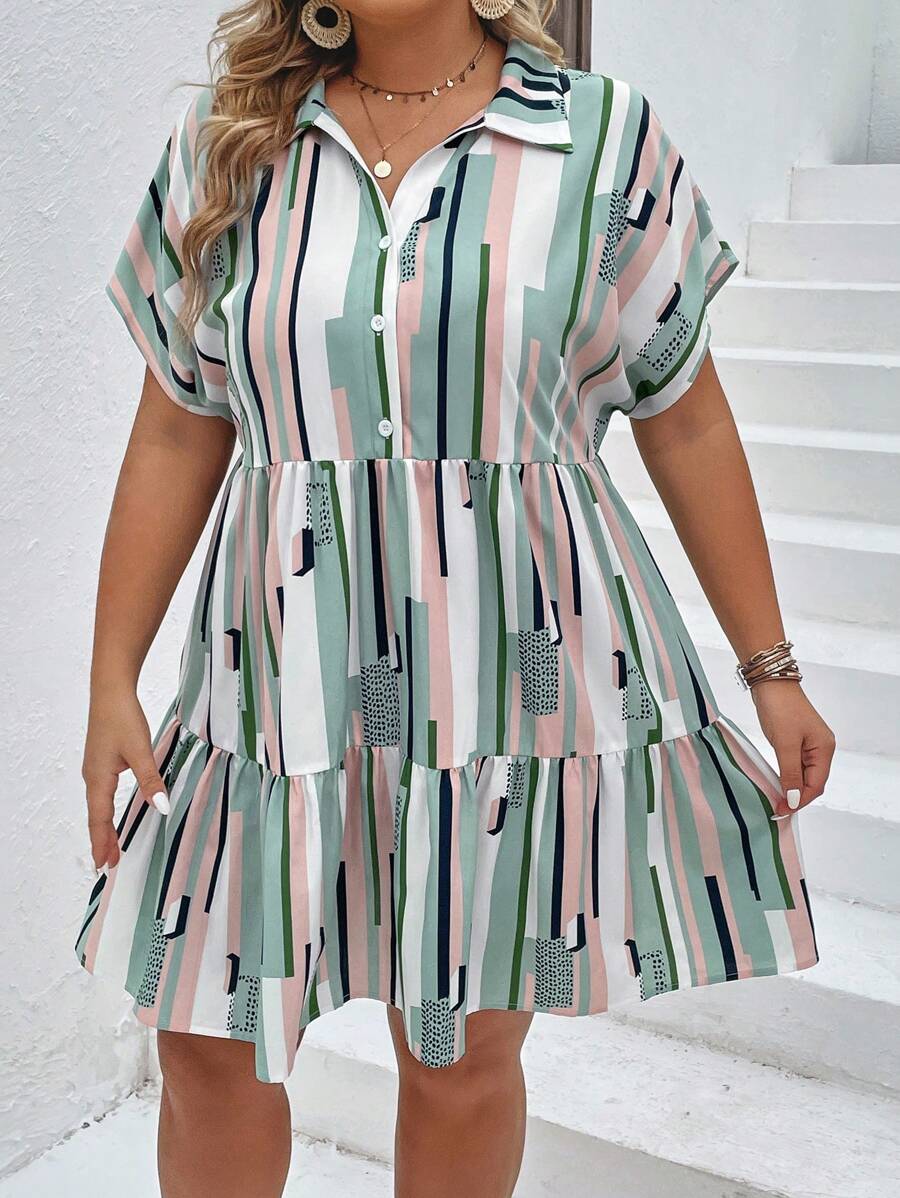 SHEIN LUNE Đầm Plus Size Viên lá sen Nút phía trước Sọc Giải trí - Nhiều màu - Xem 1