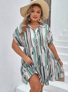 SHEIN LUNE Đầm Plus Size Viên lá sen Nút phía trước Sọc Giải trí - Nhiều màu - Xem 3