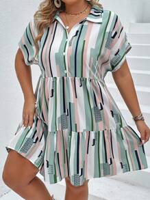 SHEIN LUNE Đầm Plus Size Viên lá sen Nút phía trước Sọc Giải trí - Nhiều màu - Xem 5