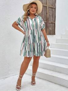 SHEIN LUNE Đầm Plus Size Viên lá sen Nút phía trước Sọc Giải trí - Nhiều màu - Xem 6