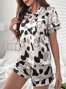 Conjunto de pijama con estampado de vaca y letra unido en contraste de satén - Multicolor - Ver 1