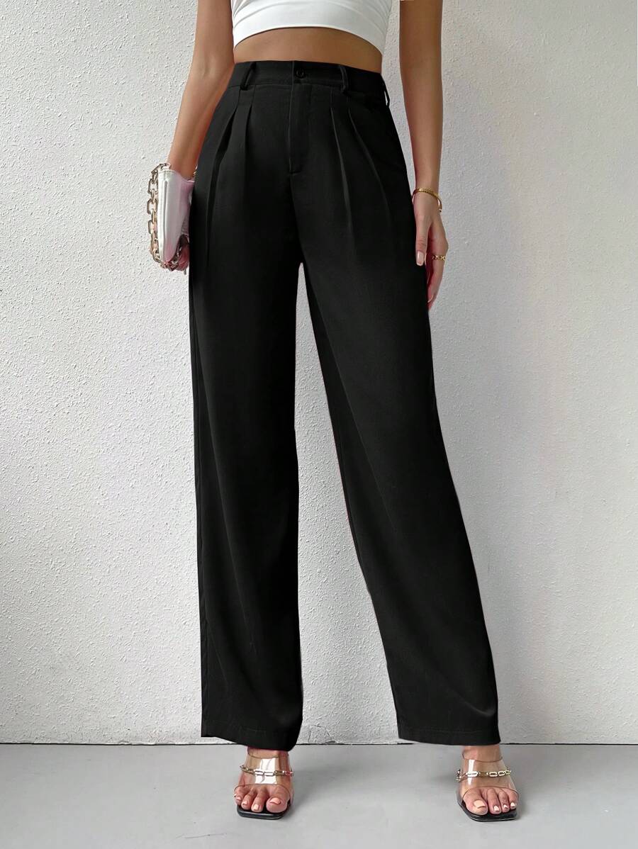 Chiquease 高腰拼接細節直筒西裝褲 - 黑色 - 查看 1