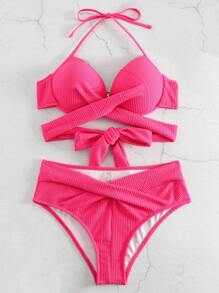 Bộ Bikini Nữ Hội Chữ thập Thắt nút xoắn lại màu trơn - Màu Hồng Tươi - Xem 3
