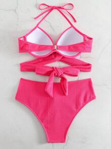 Bộ Bikini Nữ Hội Chữ thập Thắt nút xoắn lại màu trơn - Màu Hồng Tươi - Xem 4
