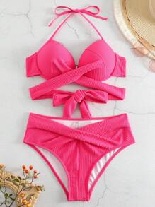 Bộ Bikini Nữ Hội Chữ thập Thắt nút xoắn lại màu trơn - Màu Hồng Tươi - Xem 5