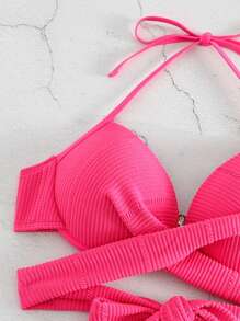 Bộ Bikini Nữ Hội Chữ thập Thắt nút xoắn lại màu trơn - Màu Hồng Tươi - Xem 6