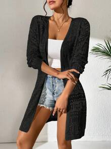 Hollow Out Drop Shoulder Open Front Kimono,Summer Beach - Black - View 1