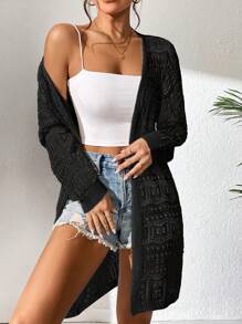 Hollow Out Drop Shoulder Open Front Kimono,Summer Beach - Black - View 4