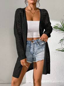 Hollow Out Drop Shoulder Open Front Kimono,Summer Beach - Black - View 5
