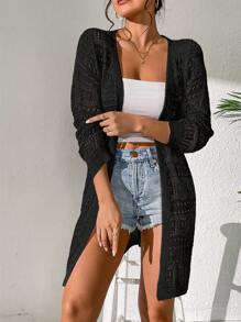 Hollow Out Drop Shoulder Open Front Kimono,Summer Beach - Black - View 7