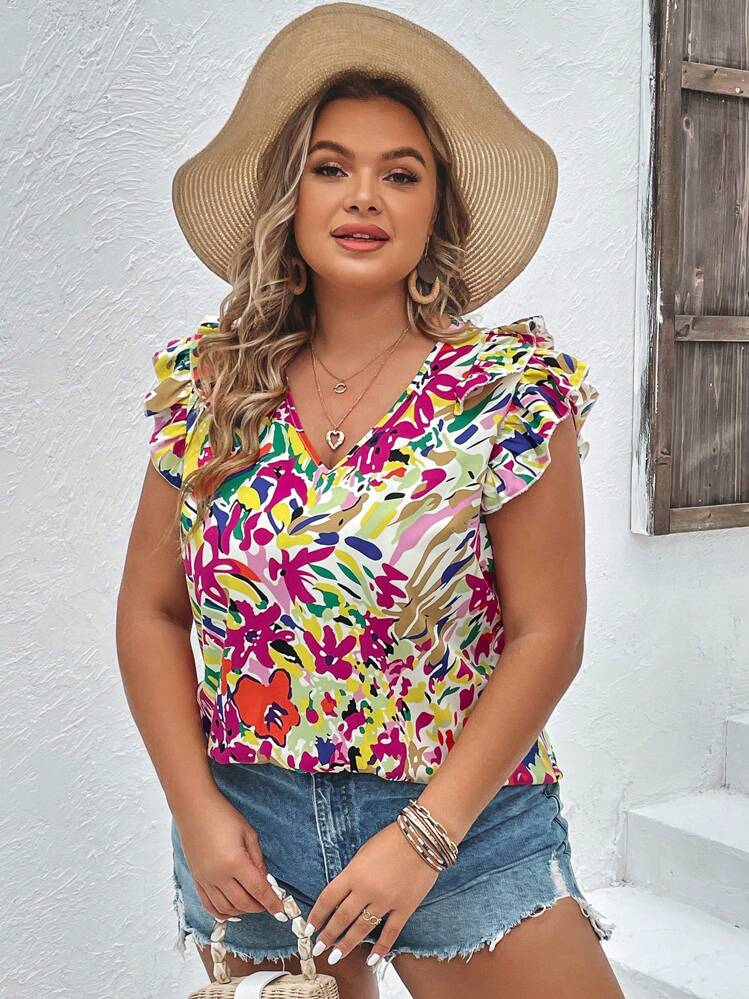 SHEIN LUNE Plus Floral Print Ruffle Trim Blouse - Multicolor - View 6