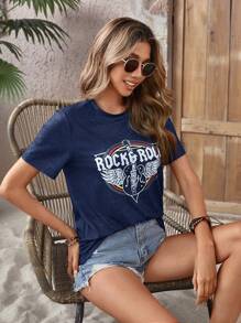 SHEIN LUNE 吉他和字母圖案T恤 - 藏蓝色 - 查看 6