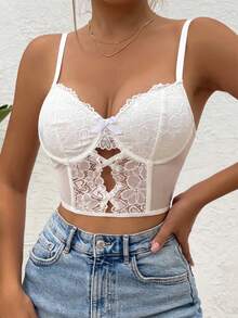 SHEIN Allurite Contrast Lace Bow Front Cut Out Bustier Cami Top - White - View 3