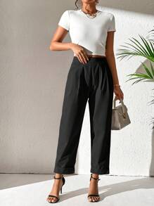 SHEIN Privé Quần nữ Uốn nếp màu trơn Giải trí - màu đen - Xem 1