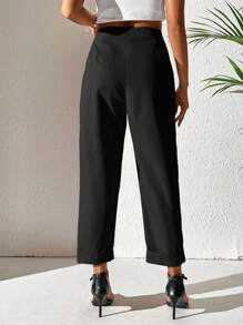 SHEIN Privé Quần nữ Uốn nếp màu trơn Giải trí - màu đen - Xem 2