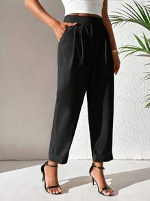 SHEIN Privé Quần nữ Uốn nếp màu trơn Giải trí - màu đen - Xem 3