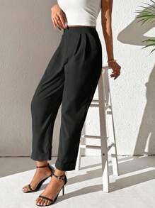 SHEIN Privé Quần nữ Uốn nếp màu trơn Giải trí - màu đen - Xem 5