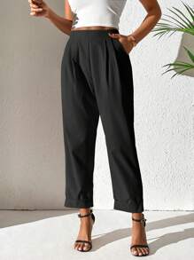 SHEIN Privé Quần nữ Uốn nếp màu trơn Giải trí - màu đen - Xem 6