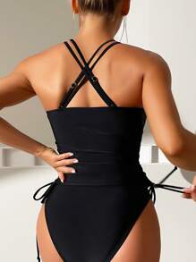 SHEIN Swim Summer Beach Drawstring Side Criss Cross Backless Tankini - Black - View 2