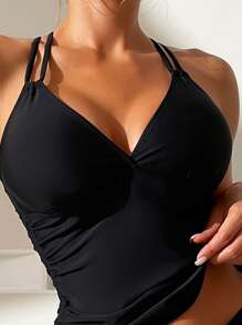SHEIN Swim Summer Beach Drawstring Side Criss Cross Backless Tankini - Black - View 4