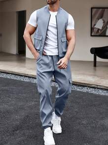 Manfinity Homme 男士翻蓋口袋夾克背心和腰部抽繩長褲不帶T恤 - 霧霾藍 - 查看 1