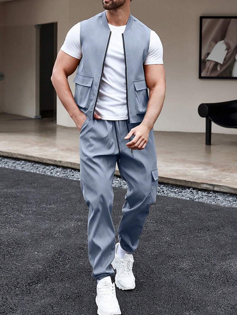 Manfinity Homme 男士翻蓋口袋夾克背心和腰部抽繩長褲不帶T恤 - 霧霾藍 - 查看 1