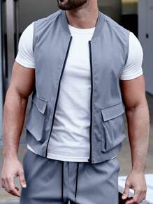 Manfinity Homme 男士翻蓋口袋夾克背心和腰部抽繩長褲不帶T恤 - 霧霾藍 - 查看 3