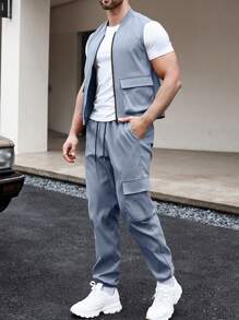 Manfinity Homme 男士翻蓋口袋夾克背心和腰部抽繩長褲不帶T恤 - 霧霾藍 - 查看 4