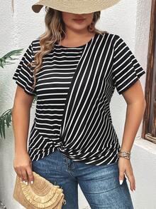 SHEIN LUNE 大碼條紋印花扭結下擺T恤 - 黑與白 - 查看 3