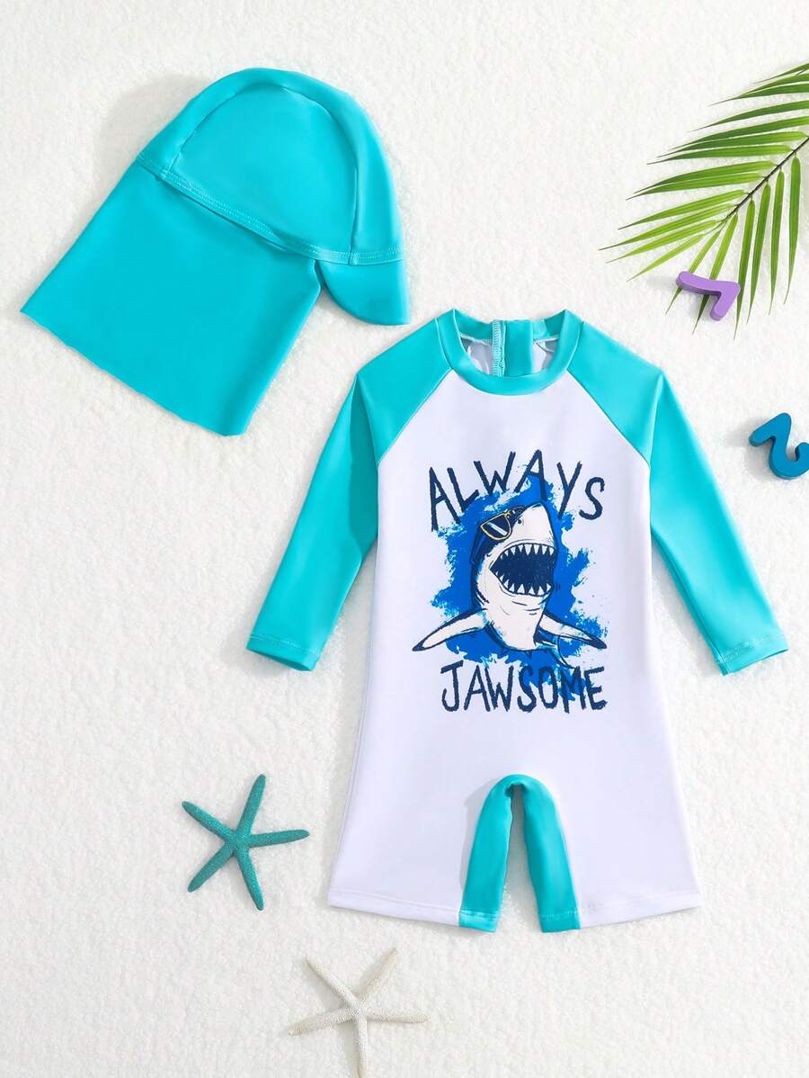 女婴鲨鱼印花拉链后背连体泳衣（带泳帽） - 白色 - 查看 1