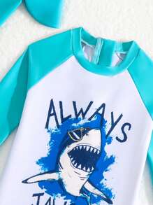 女婴鲨鱼印花拉链后背连体泳衣（带泳帽） - 白色 - 查看 3