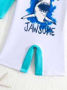 女婴鲨鱼印花拉链后背连体泳衣（带泳帽） - 白色 - 查看 4