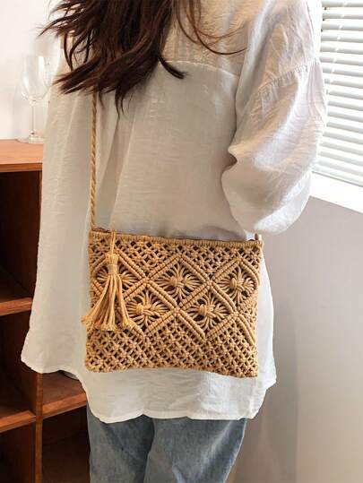 極簡鉤針編織袋拉鍊流蘇裝飾度假