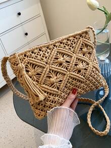 極簡鉤針編織袋拉鍊流蘇裝飾度假