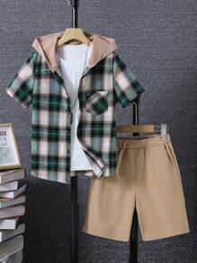 SHEIN Tween Boy 格紋印花帽裝衫 & 短褲（不含t恤） - 彩色 - 查看 1