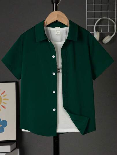 SHEIN Tween Boy Resort Style Solid Color Turndown Collar Regular Fit Woven Short Sleeve Shirt
