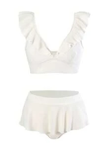 SHEIN Swim Summer Beach Ruffle Trim Bikini Set - Beige - View 4