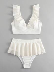 SHEIN Swim Summer Beach Ruffle Trim Bikini Set - Beige - View 5