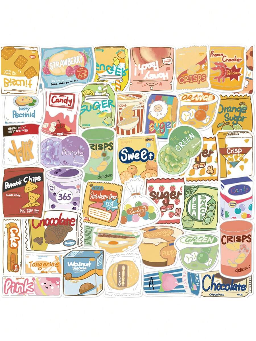 50 piezas Calcomanía alimento patrón clasificado dulce para estudiantes - Multicolor - Ver 1