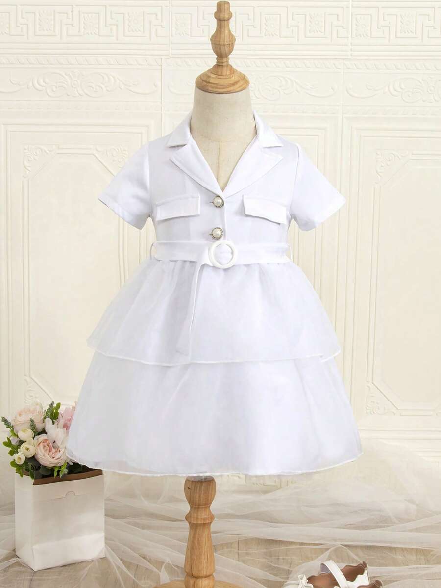 SHEIN Bộ váy liền màu thanh lịch dành cho bé gái mới biết đi có thắt lưng và lớp phủ lưới - trắng - Xem 1